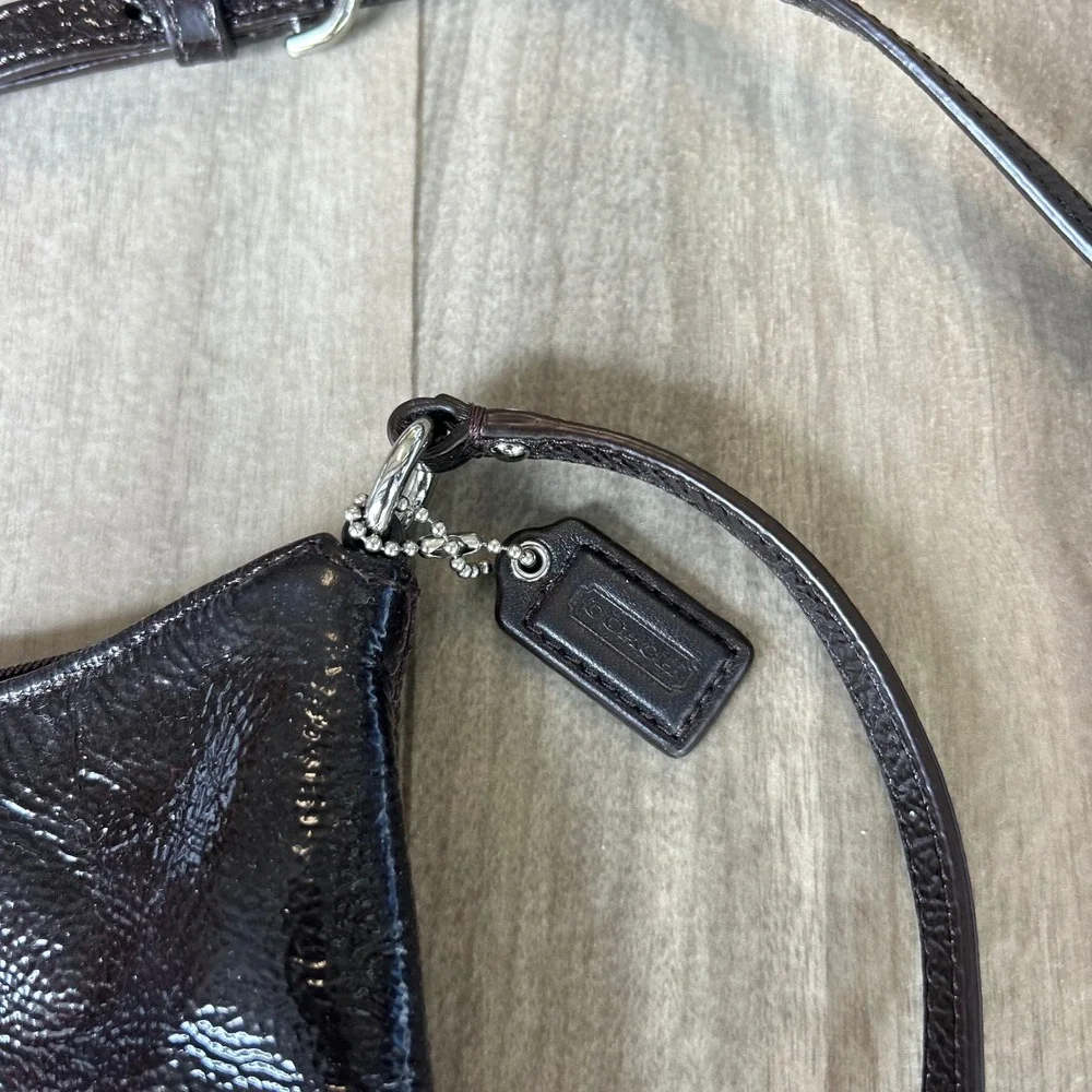 Coach Mahogany Brown Patent Leather Crossbody Bag Crinkle Texture Silver Logo